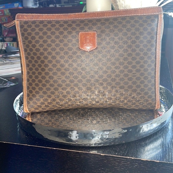 Authentic Vintage Celine Brown Macadam PVC Canvas and Leather Clutch Bag Large - Picture 1 of 13